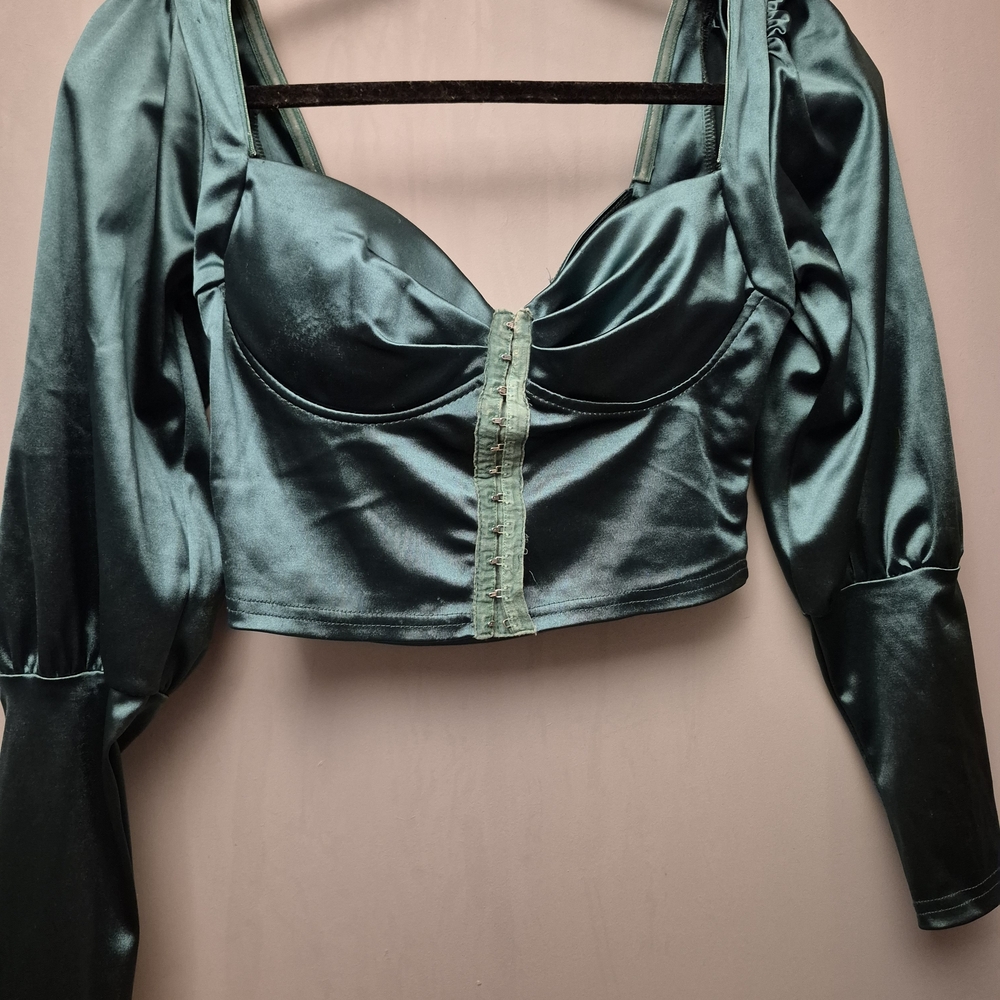 Fashion Nova Satin Long Sleeve Top - Dark Green